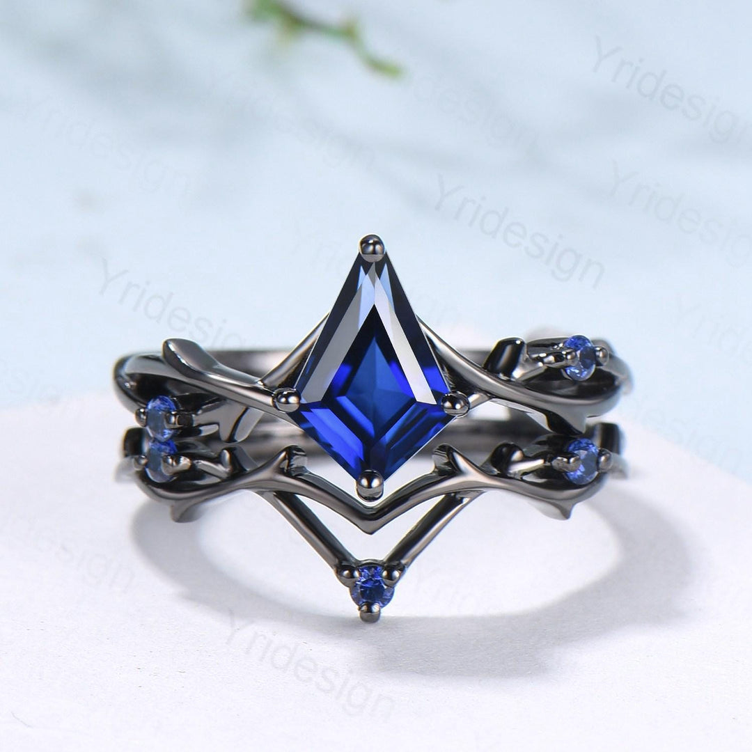 Art Deco black gold blue sapphire engagement ring set split shank kite cut blue sapphire wedding ring elegant anniversary bridal set women - PENFINE