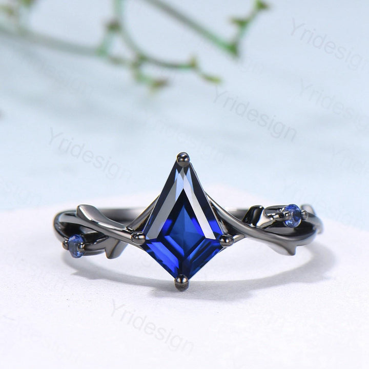 Art Deco black gold blue sapphire engagement ring set split shank kite cut blue sapphire wedding ring elegant anniversary bridal set women - PENFINE