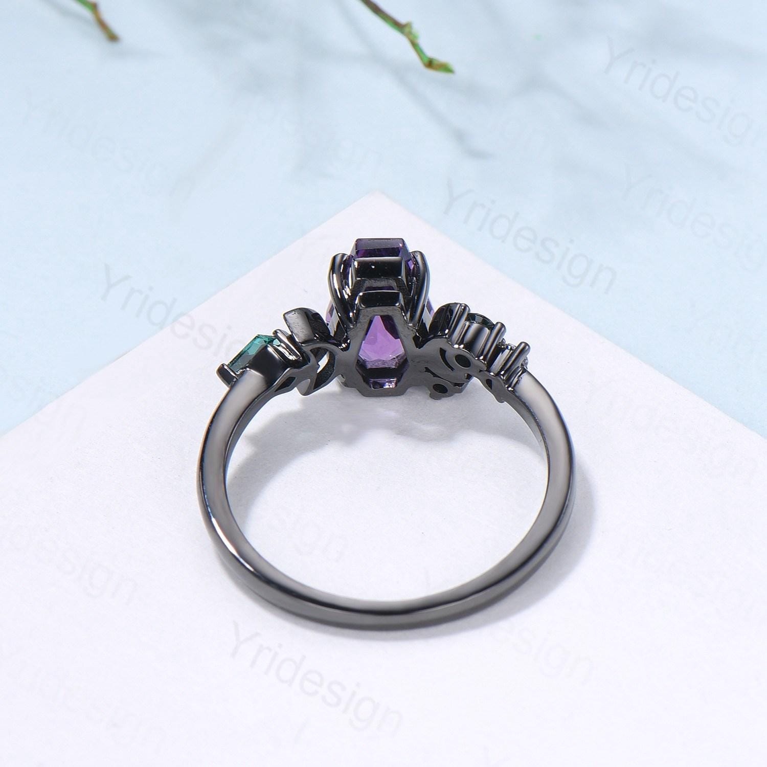 Unique moon amethyst ring, Coffin February birthstone engagement ring, cluster kite emerald wedding ring, perfect promise anniversary gift - PENFINE