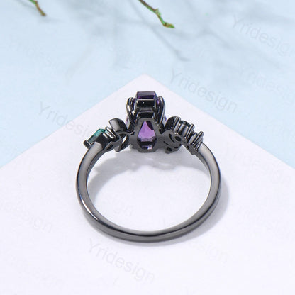Unique moon amethyst ring, Coffin February birthstone engagement ring, cluster kite emerald wedding ring, perfect promise anniversary gift - PENFINE
