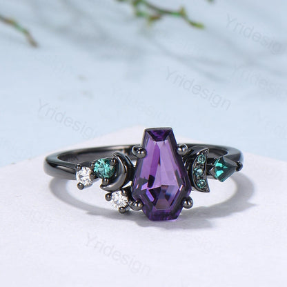 Unique moon amethyst ring, Coffin February birthstone engagement ring, cluster kite emerald wedding ring, perfect promise anniversary gift - PENFINE