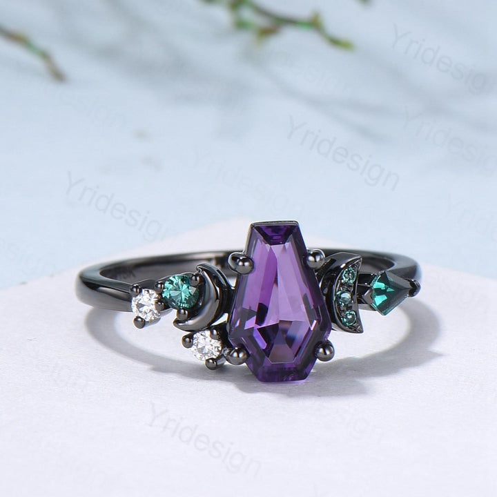 Unique moon amethyst ring, Coffin February birthstone engagement ring, cluster kite emerald wedding ring, perfect promise anniversary gift - PENFINE