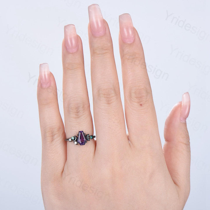 Unique moon amethyst ring, Coffin February birthstone engagement ring, cluster kite emerald wedding ring, perfect promise anniversary gift - PENFINE