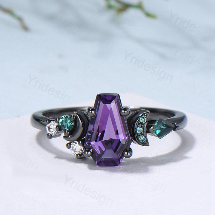 Unique moon amethyst ring, Coffin February birthstone engagement ring, cluster kite emerald wedding ring, perfect promise anniversary gift - PENFINE