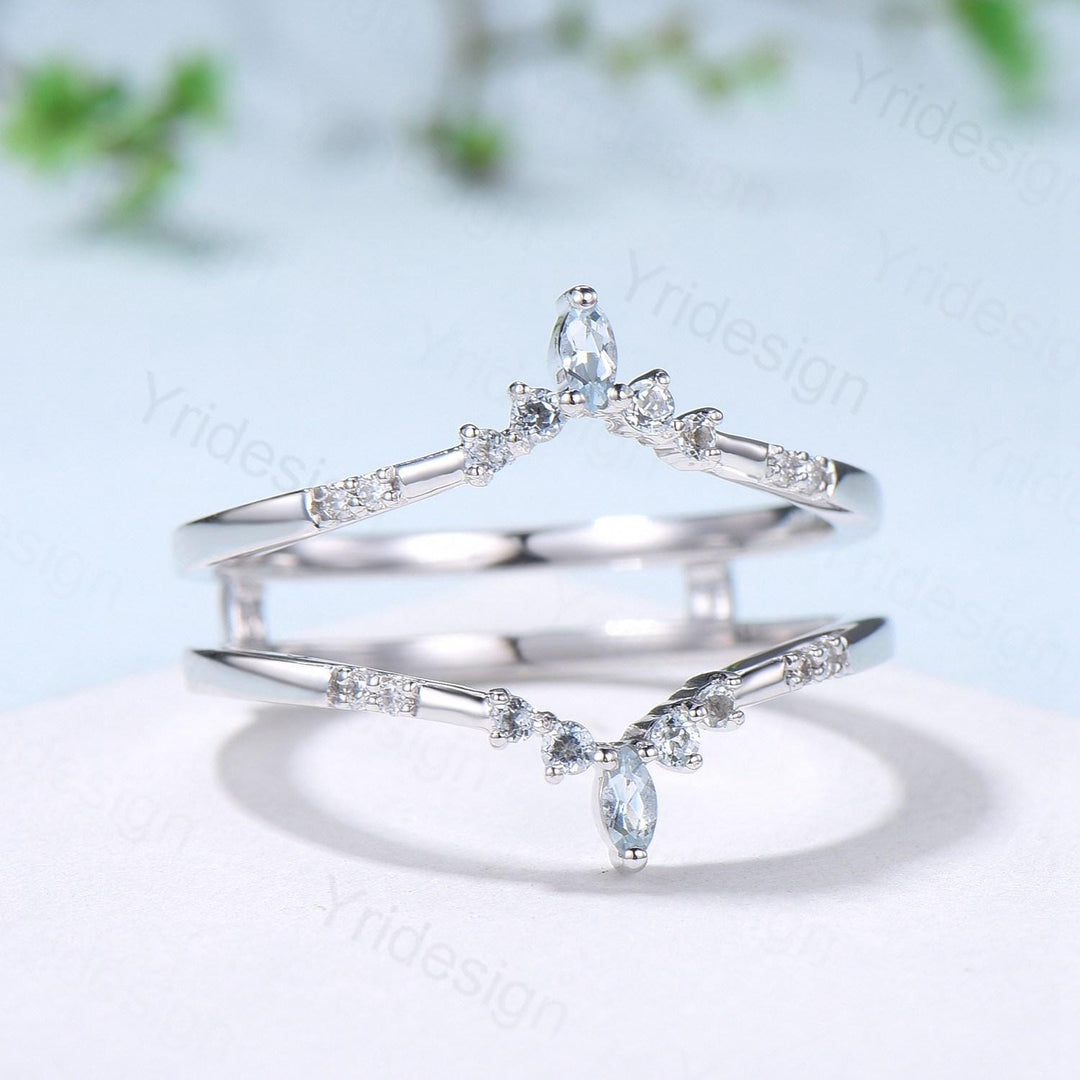 Double Curved Aquamarine Wedding Band Sterling Silver White Gold Enhancer Stacking Aquamarine Matching Nesting Band Jacket Anniversary Gifts - PENFINE