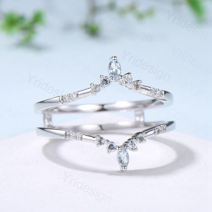 Double Curved Aquamarine Wedding Band Sterling Silver White Gold Enhancer Stacking Aquamarine Matching Nesting Band Jacket Anniversary Gifts - PENFINE