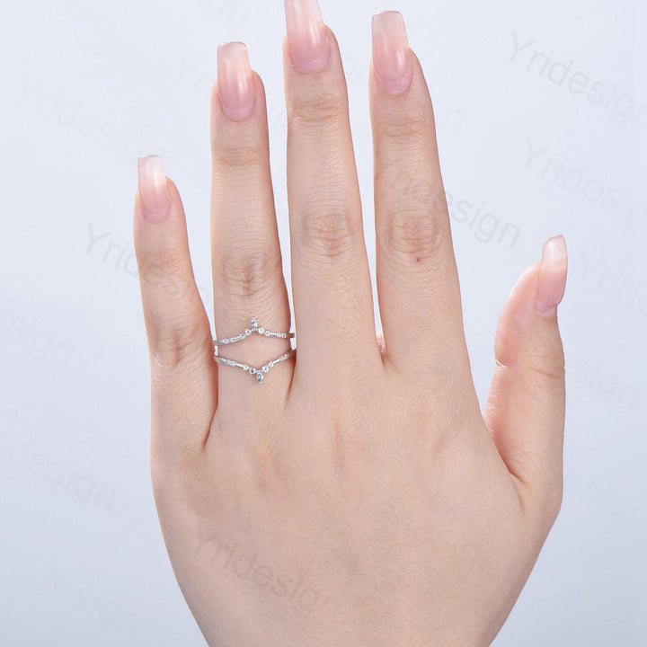 Double Curved Aquamarine Wedding Band Sterling Silver White Gold Enhancer Stacking Aquamarine Matching Nesting Band Jacket Anniversary Gifts - PENFINE