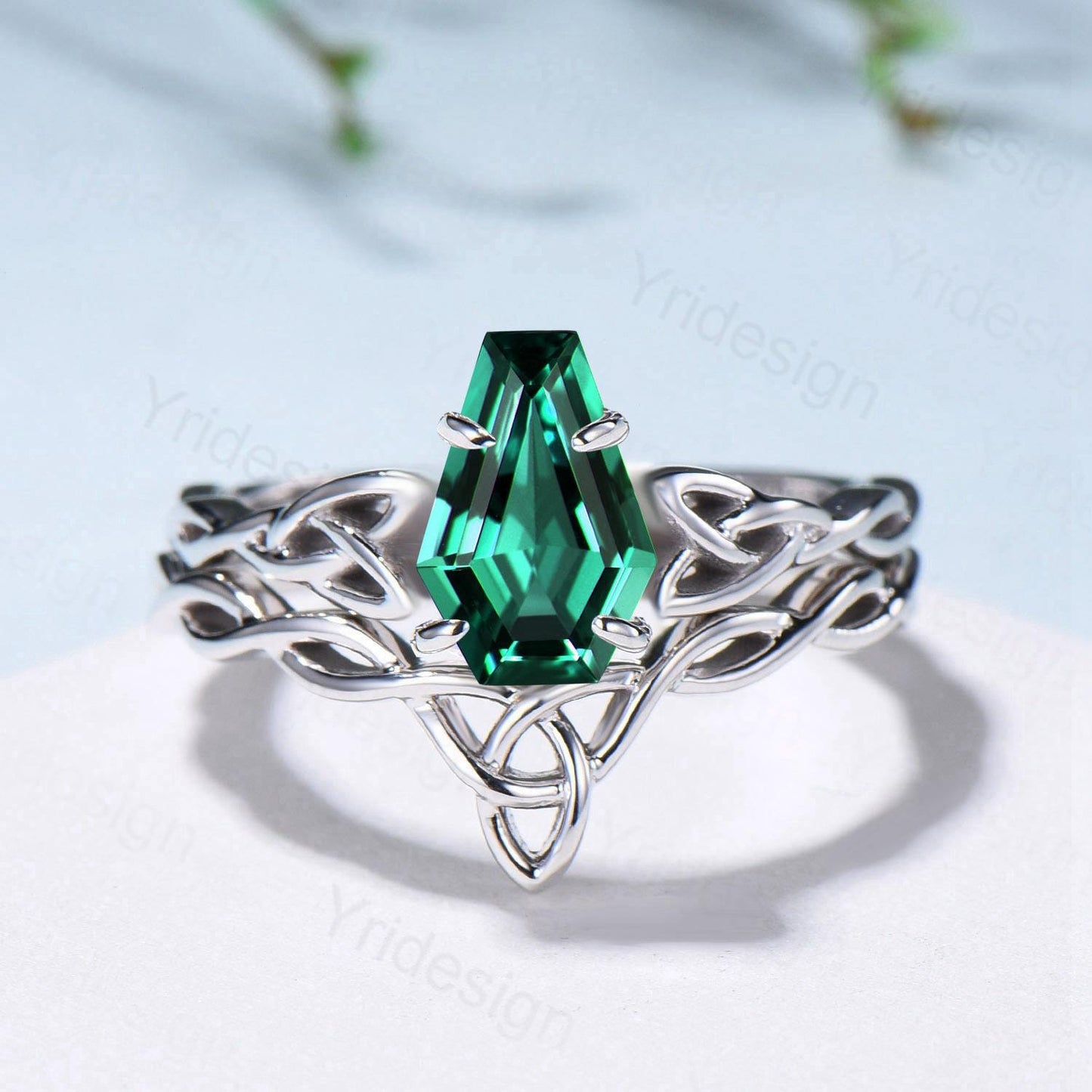 Emerald Wedding Ring Set, Norse Viking Lab Emerald Engagement Ring, Celtic Knot May Birthstone Jewelry, White Gold 2Pcs Twisted Bridal Set - PENFINE