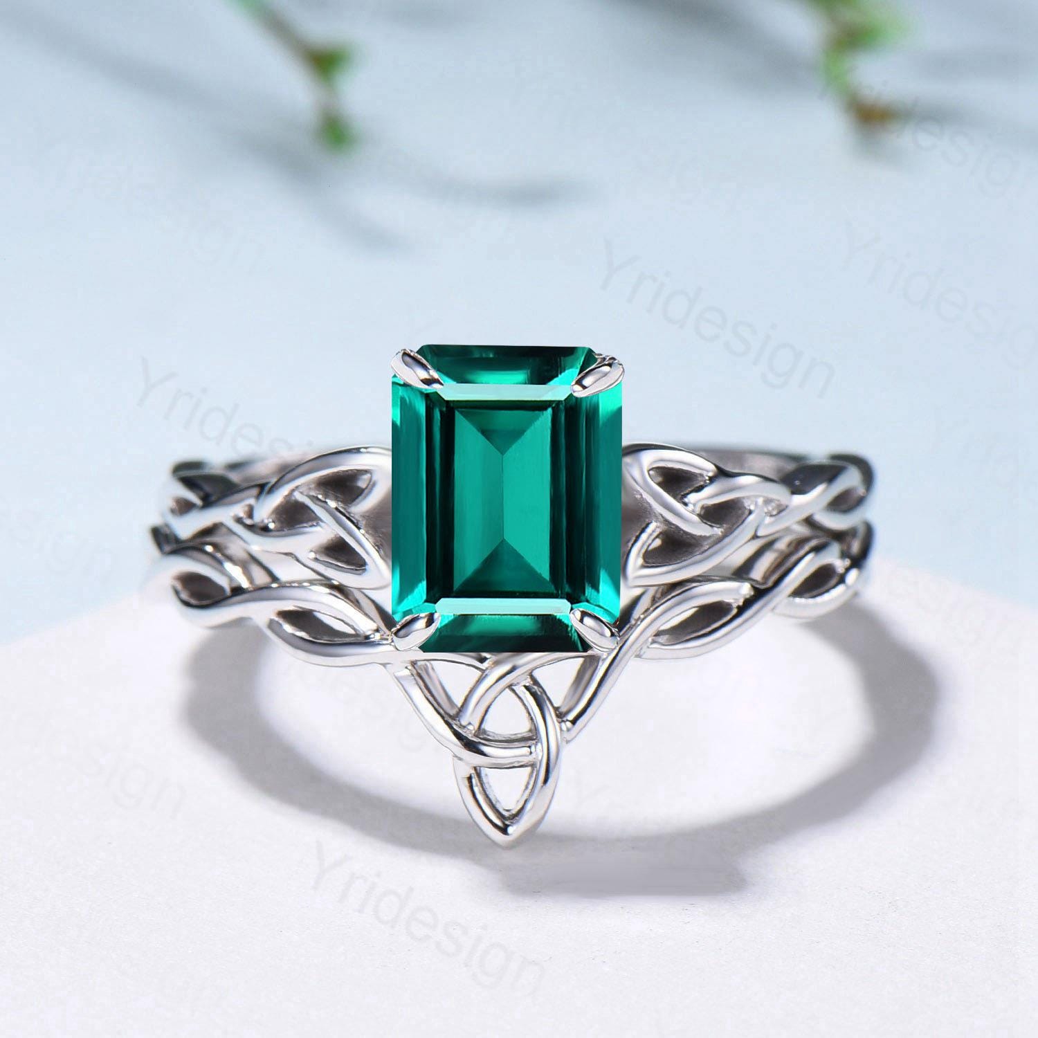 Emerald Wedding Ring Set, Norse Viking Lab Emerald Engagement Ring, Celtic Knot May Birthstone Jewelry, White Gold 2Pcs Twisted Bridal Set - PENFINE