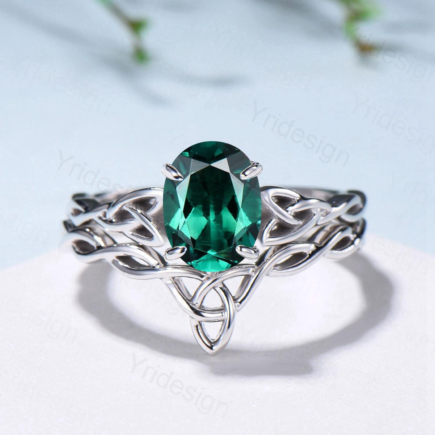 Emerald Wedding Ring Set, Norse Viking Lab Emerald Engagement Ring, Celtic Knot May Birthstone Jewelry, White Gold 2Pcs Twisted Bridal Set - PENFINE