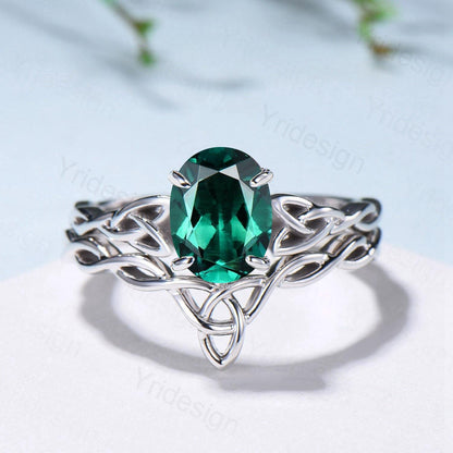 Emerald Wedding Ring Set, Norse Viking Lab Emerald Engagement Ring, Celtic Knot May Birthstone Jewelry, White Gold 2Pcs Twisted Bridal Set - PENFINE