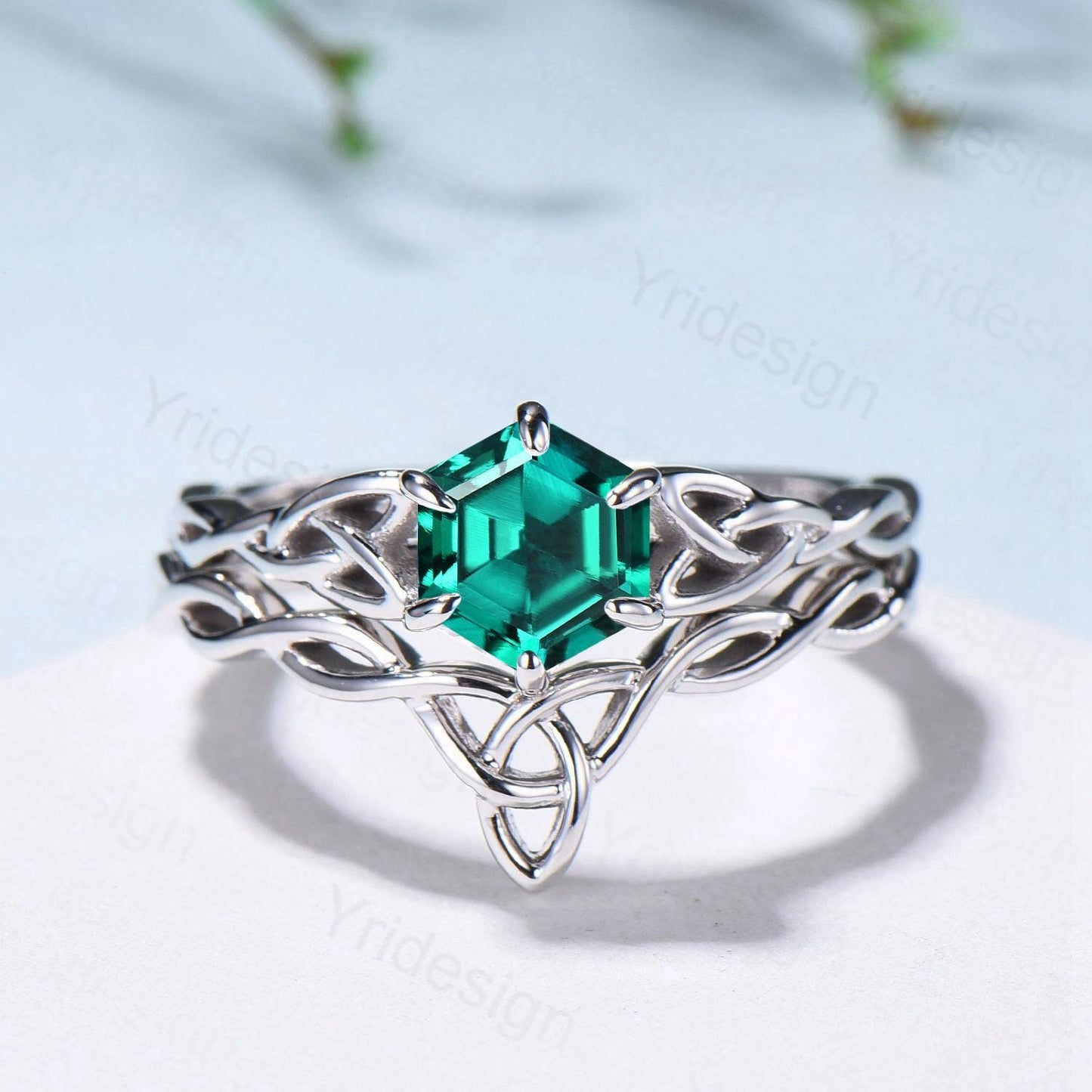 Emerald Wedding Ring Set, Norse Viking Lab Emerald Engagement Ring, Celtic Knot May Birthstone Jewelry, White Gold 2Pcs Twisted Bridal Set - PENFINE