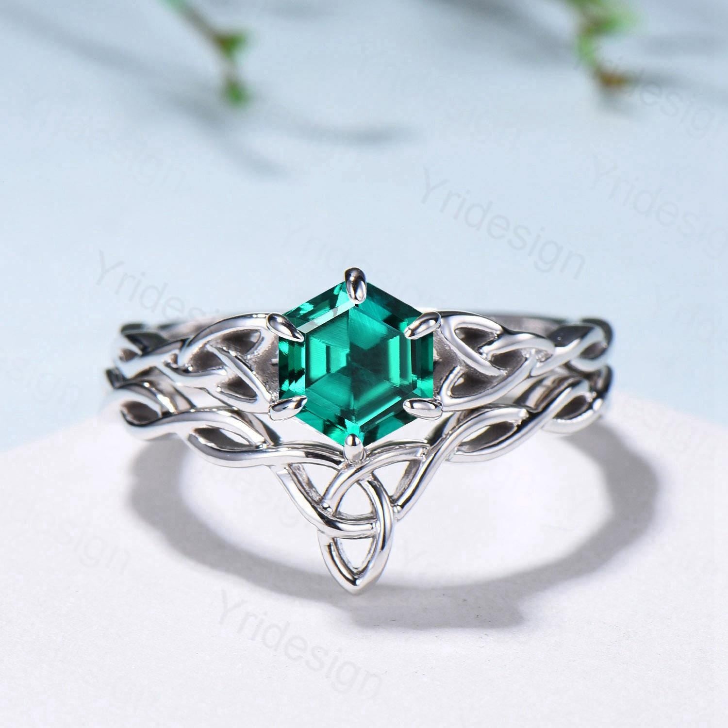 Emerald Wedding Ring Set, Norse Viking Lab Emerald Engagement Ring, Celtic Knot May Birthstone Jewelry, White Gold 2Pcs Twisted Bridal Set - PENFINE