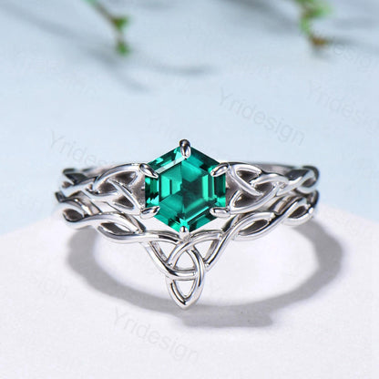 Emerald Wedding Ring Set, Norse Viking Lab Emerald Engagement Ring, Celtic Knot May Birthstone Jewelry, White Gold 2Pcs Twisted Bridal Set - PENFINE