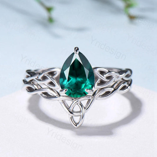 Emerald Wedding Ring Set, Norse Viking Lab Emerald Engagement Ring, Celtic Knot May Birthstone Jewelry, White Gold 2Pcs Twisted Bridal Set - PENFINE