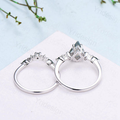 Vintage kite cut alexandrite ring Five Stone crescent moon June birthstone engagement ring Moonstone bridal wedding set anniversary gifts - PENFINE
