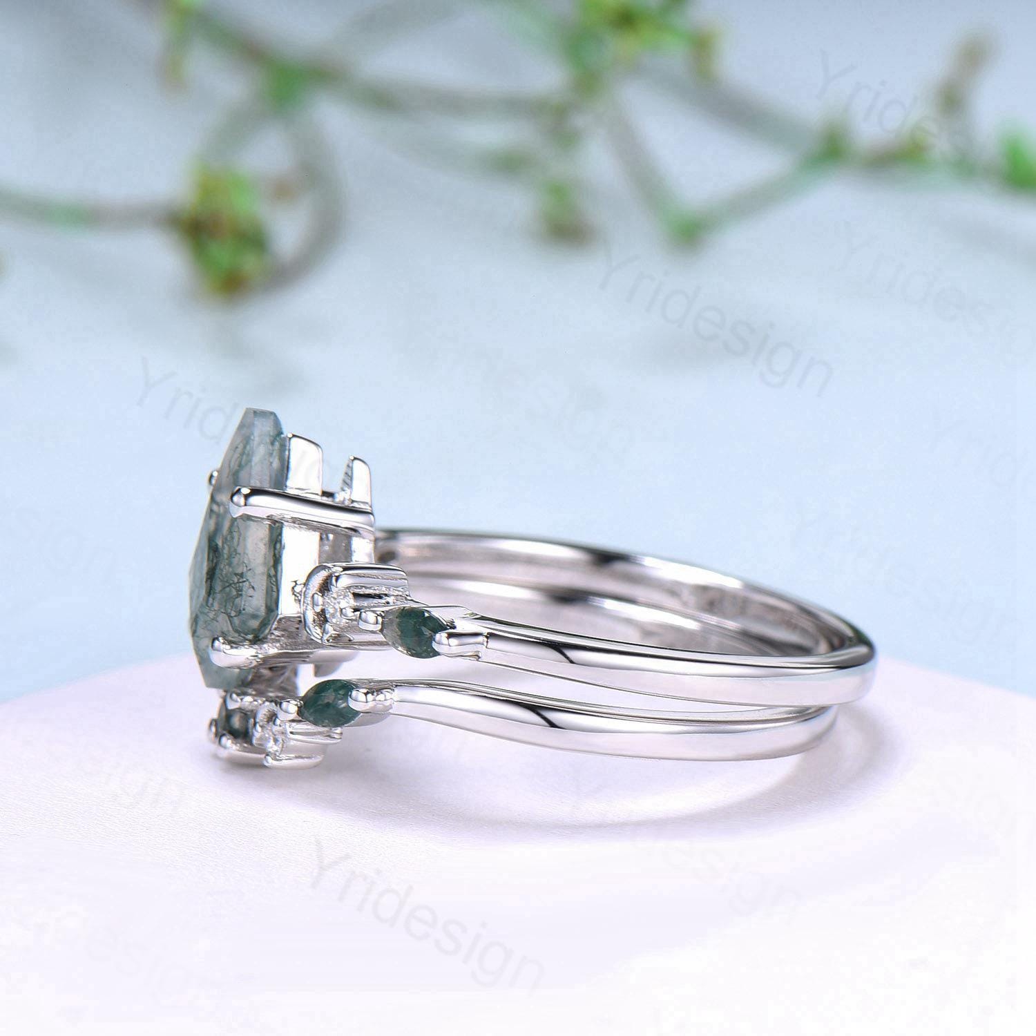 Vintage kite cut alexandrite ring Five Stone crescent moon June birthstone engagement ring Moonstone bridal wedding set anniversary gifts - PENFINE