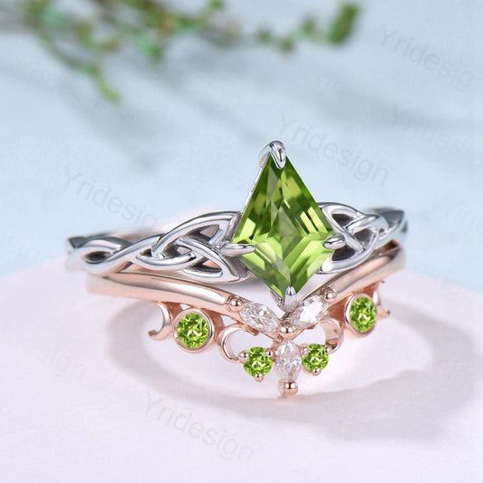 Norse Viking Kite Cut Peridot Engagement Ring Set Unique Celtic Love Knot August Birthstone Butterfly Wedding Band Vintage Twist Bridal Set - PENFINE