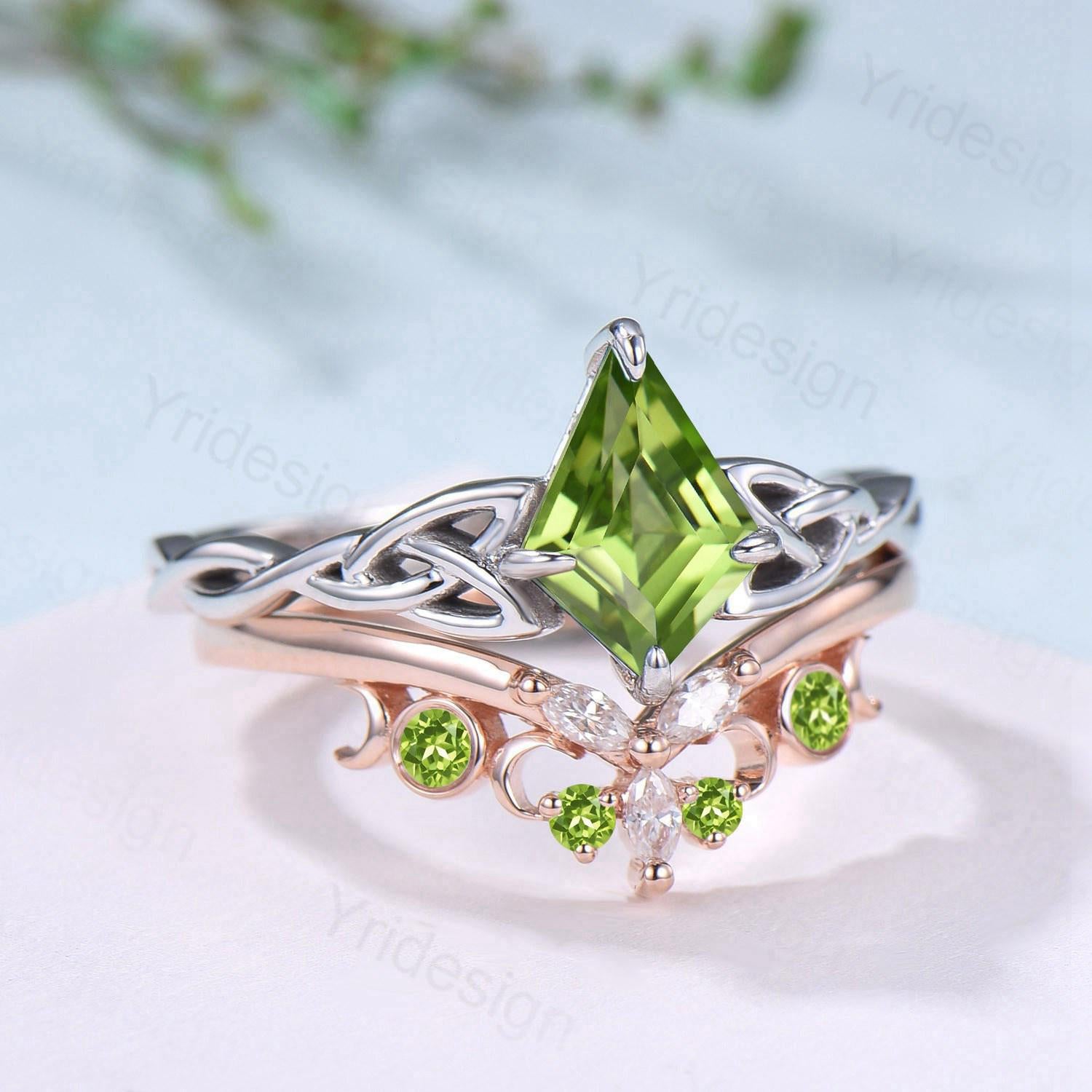 Norse Viking Kite Cut Peridot Engagement Ring Set Unique Celtic Love Knot August Birthstone Butterfly Wedding Band Vintage Twist Bridal Set - PENFINE