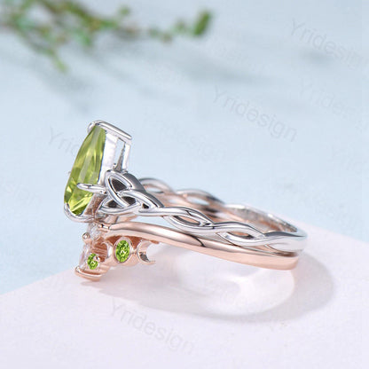 Norse Viking Kite Cut Peridot Engagement Ring Set Unique Celtic Love Knot August Birthstone Butterfly Wedding Band Vintage Twist Bridal Set - PENFINE