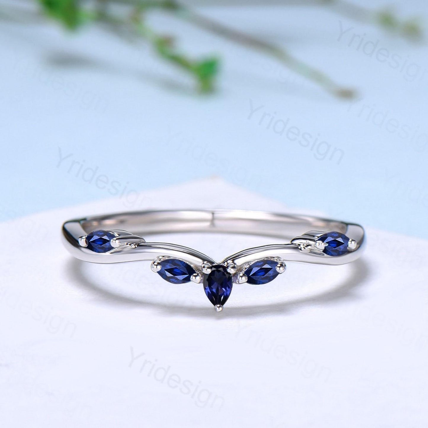 Pear Shaped And Marquise Blue Sapphire Wedding Band Stacking Wedding Ring Curved Wedding Band Dainty Ring Bridal Promise Ring for Women - PENFINE