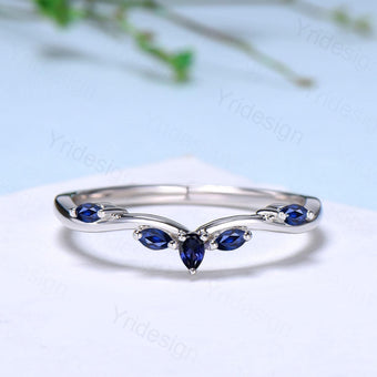 Pear Shaped And Marquise Blue Sapphire Wedding Band Stacking Wedding Ring Curved Wedding Band Dainty Ring Bridal Promise Ring for Women - PENFINE