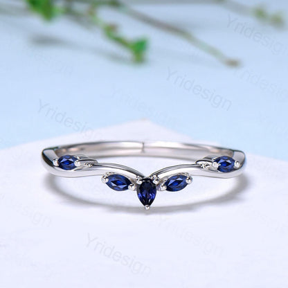 Pear Shaped And Marquise Blue Sapphire Wedding Band Stacking Wedding Ring Curved Wedding Band Dainty Ring Bridal Promise Ring for Women - PENFINE