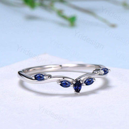 Pear Shaped And Marquise Blue Sapphire Wedding Band Stacking Wedding Ring Curved Wedding Band Dainty Ring Bridal Promise Ring for Women - PENFINE