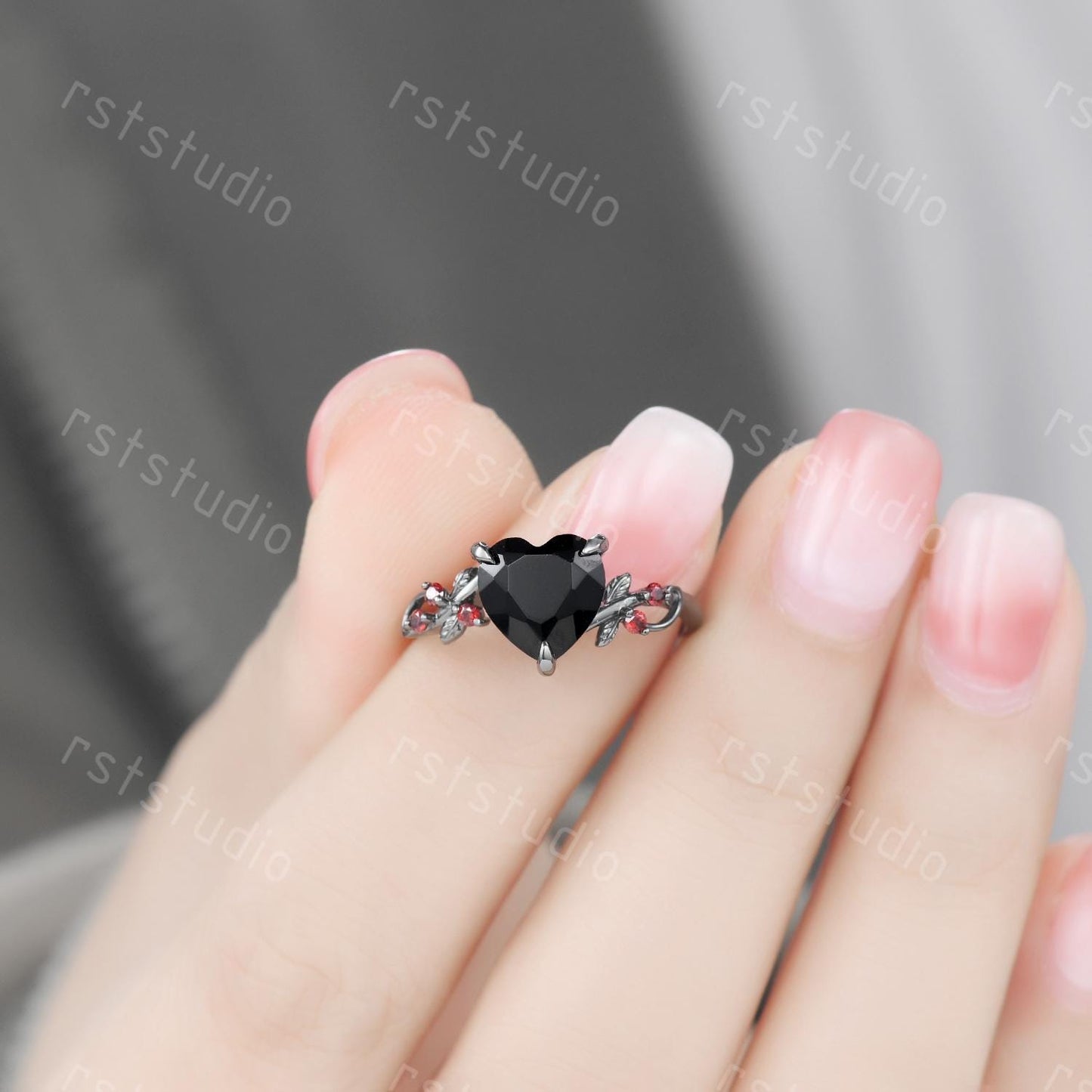Gothic Black Onyx Heart Ring Set: Tungsten Wedding Band, Garnet Accent