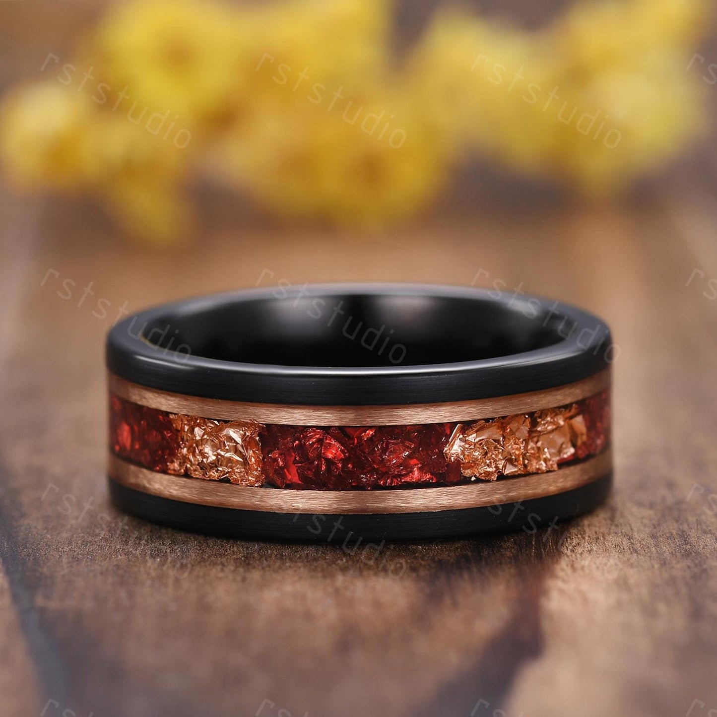 Gothic Black Onyx Heart Ring Set: Tungsten Wedding Band, Garnet Accent