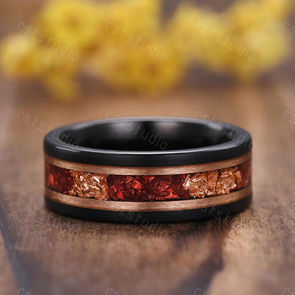 Gothic Black Onyx Heart Ring Set: Tungsten Wedding Band, Garnet Accent