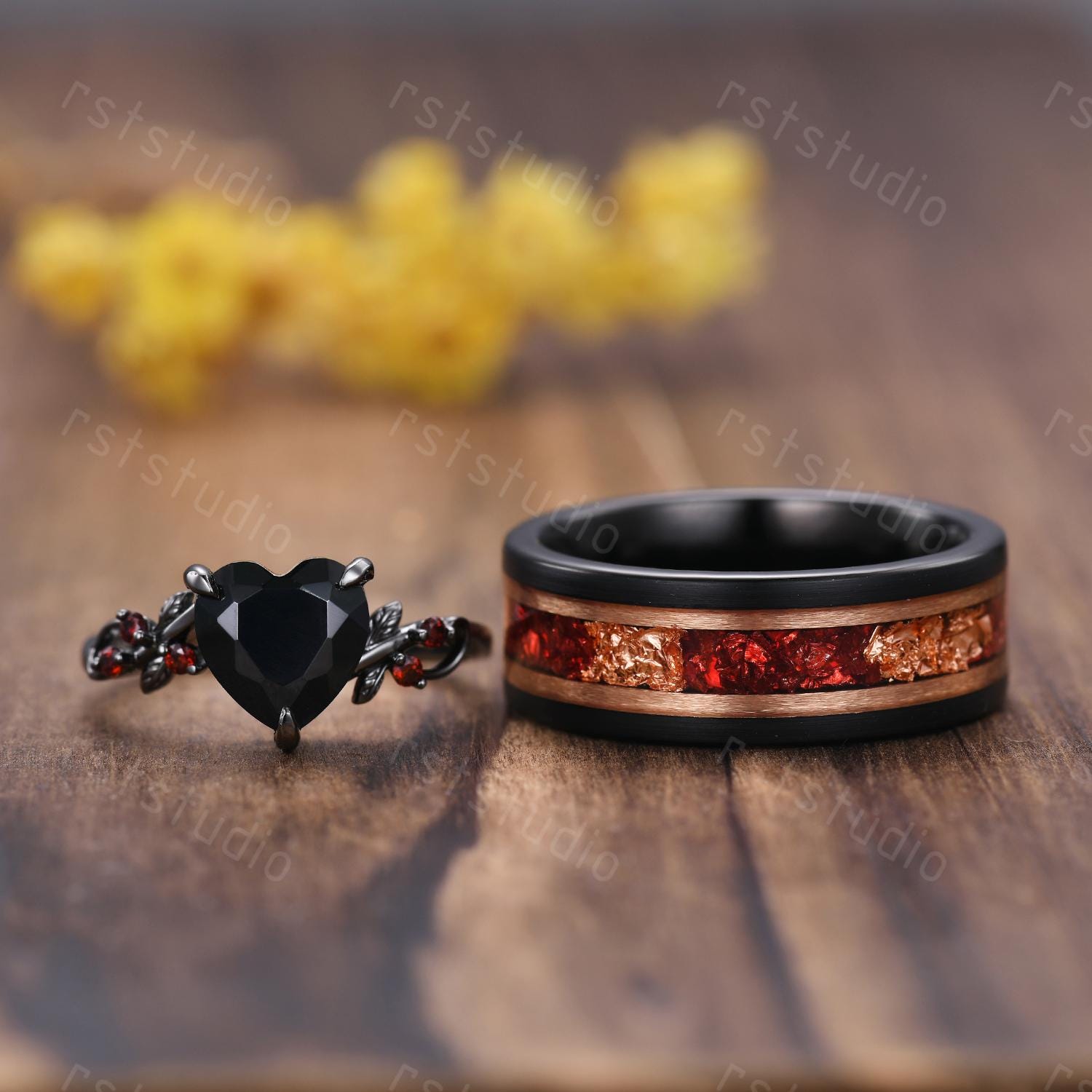 Gothic Black Onyx Heart Ring Set: Tungsten Wedding Band, Garnet Accent