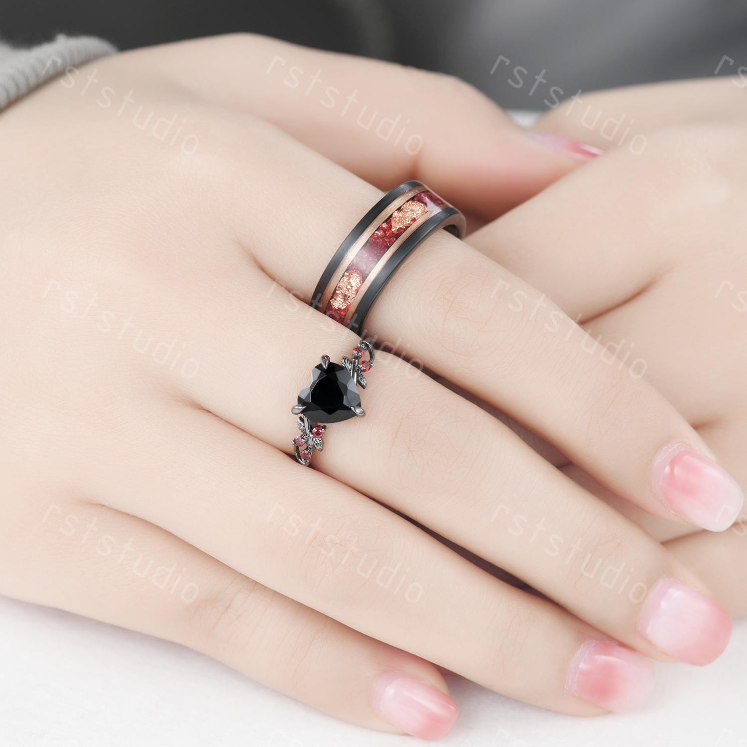 Gothic Black Onyx Heart Ring Set: Tungsten Wedding Band, Garnet Accent