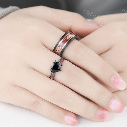 Gothic Black Onyx Heart Ring Set: Tungsten Wedding Band, Garnet Accent