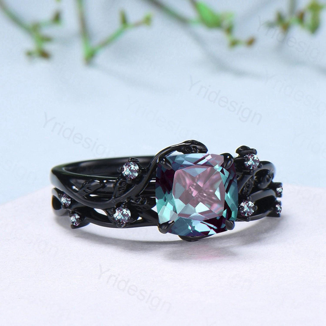 Nature inspired cushion cut alexandrite wedding ring set black gold unique gothic alexandrite engagement ring evil eye bridal set for women - PENFINE
