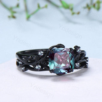 Nature inspired cushion cut alexandrite wedding ring set black gold unique gothic alexandrite engagement ring evil eye bridal set for women - PENFINE