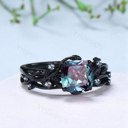 Nature inspired cushion cut alexandrite wedding ring set black gold unique gothic alexandrite engagement ring evil eye bridal set for women - PENFINE
