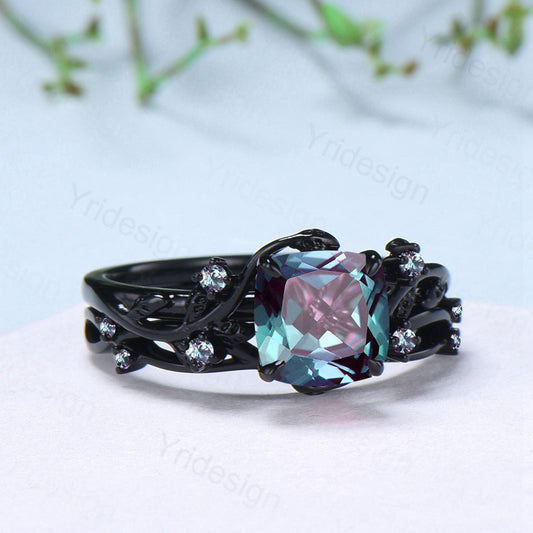 Nature inspired cushion cut alexandrite wedding ring set black gold unique gothic alexandrite engagement ring evil eye bridal set for women - PENFINE