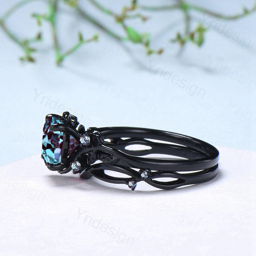 Nature inspired cushion cut alexandrite wedding ring set black gold unique gothic alexandrite engagement ring evil eye bridal set for women - PENFINE