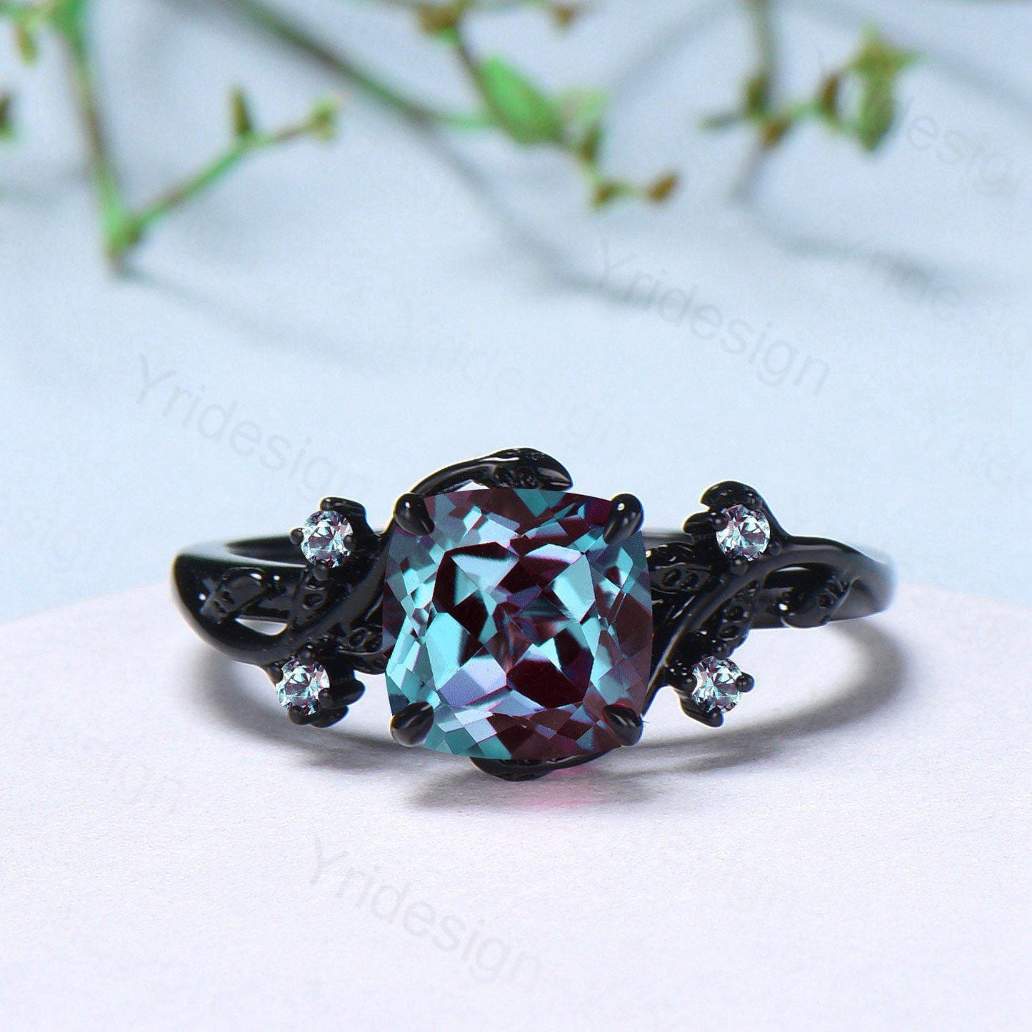 Nature inspired cushion cut alexandrite wedding ring set black gold unique gothic alexandrite engagement ring evil eye bridal set for women - PENFINE