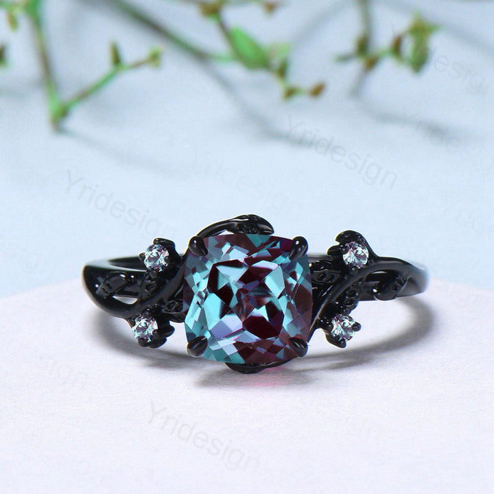 Nature inspired cushion cut alexandrite wedding ring set black gold unique gothic alexandrite engagement ring evil eye bridal set for women - PENFINE