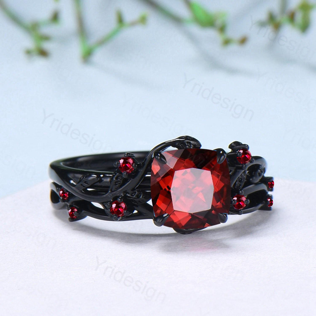 Unique gothic cushion cut garnet wedding ring set black gold natural inspired January birthstone engagement ring for women 2pcs bridal set - PENFINE