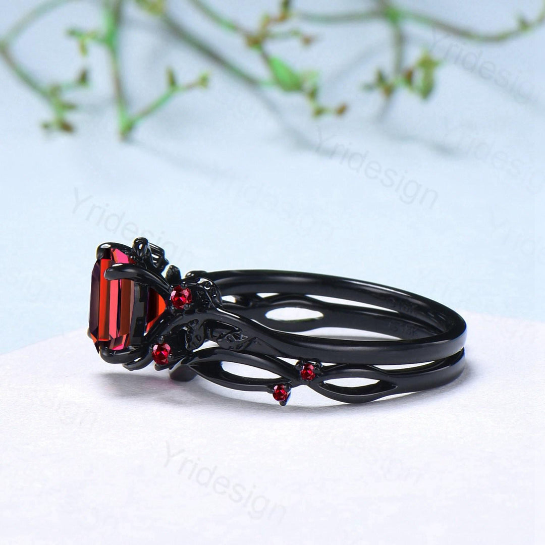 Unique gothic cushion cut garnet wedding ring set black gold natural inspired January birthstone engagement ring for women 2pcs bridal set - PENFINE