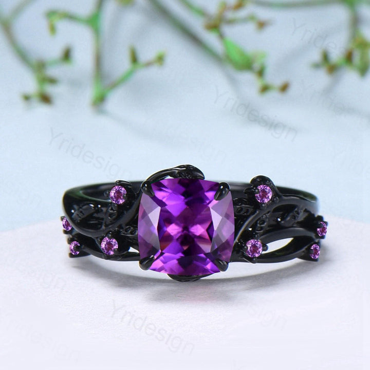 Unique gothic cushion cut amethyst wedding ring set black gold bridal set natural inspired February birthstone engagement ring for daughter - PENFINE