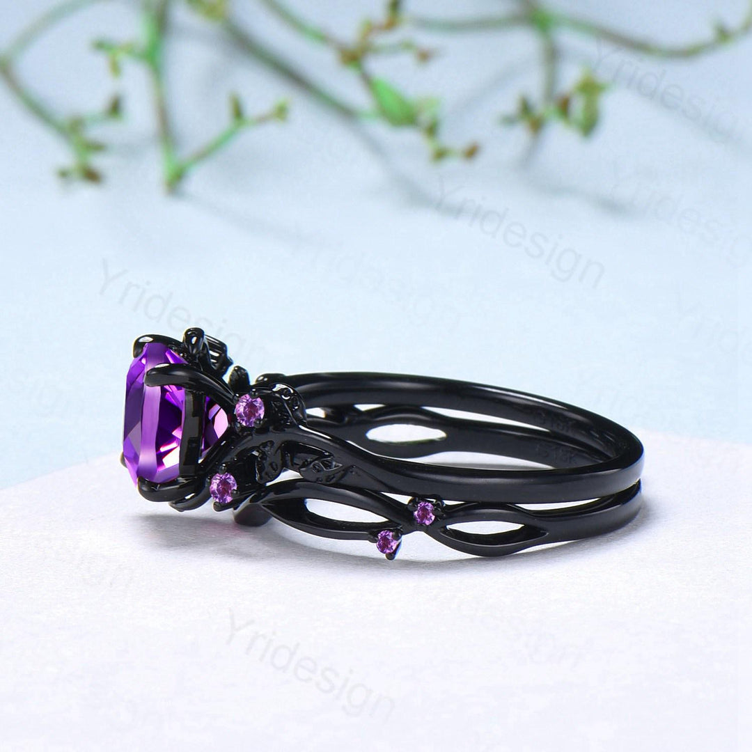 Unique gothic cushion cut amethyst wedding ring set black gold bridal set natural inspired February birthstone engagement ring for daughter - PENFINE