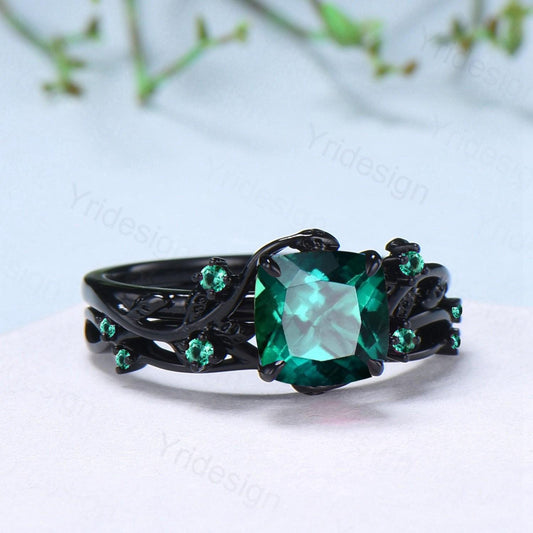 Unique gothic cushion cut emerald wedding ring set black gold natural inspired May birthstone engagement ring for women emerald bridal set - PENFINE