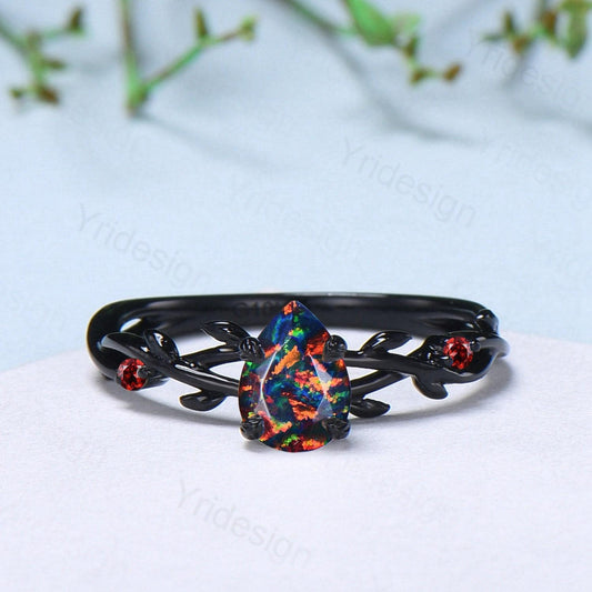 Black Gold Fire Opal Promise Ring Leaf Branch Black Opal Gothic Engagement Ring Nature Inspired Garnet Wedding Ring Twig Anniversary Gifts - PENFINE