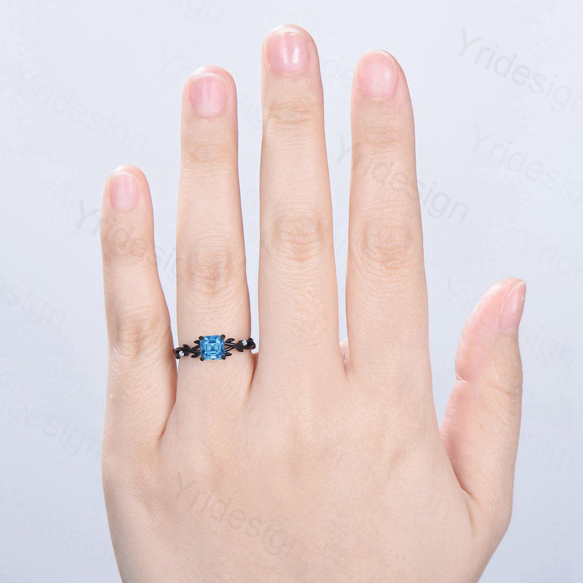 Elegant Asscher Swiss Topaz Ring Unique Black Gold Cluster Moonstone Gothic Engagement Ring Leaf Vine Wedding Ring Anniversary Proposal Gift - PENFINE