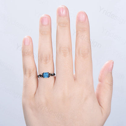 Elegant Asscher Swiss Topaz Ring Unique Black Gold Cluster Moonstone Gothic Engagement Ring Leaf Vine Wedding Ring Anniversary Proposal Gift - PENFINE