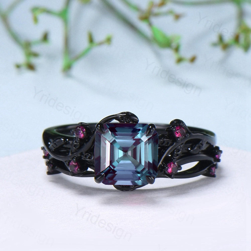 Unique gothic Asscher cut alexandrite engagement ring set black gold natural inspired alexandrite ruby wedding ring set leaf vine bridal set - PENFINE